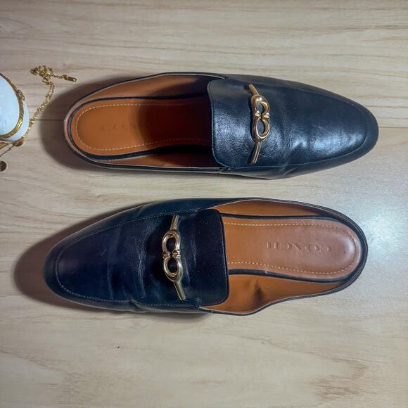 Sienna Loafer, Black Leather with Gold Detail Mule Slides Gold 'C' Logo Hardware - Picture 2 of 8